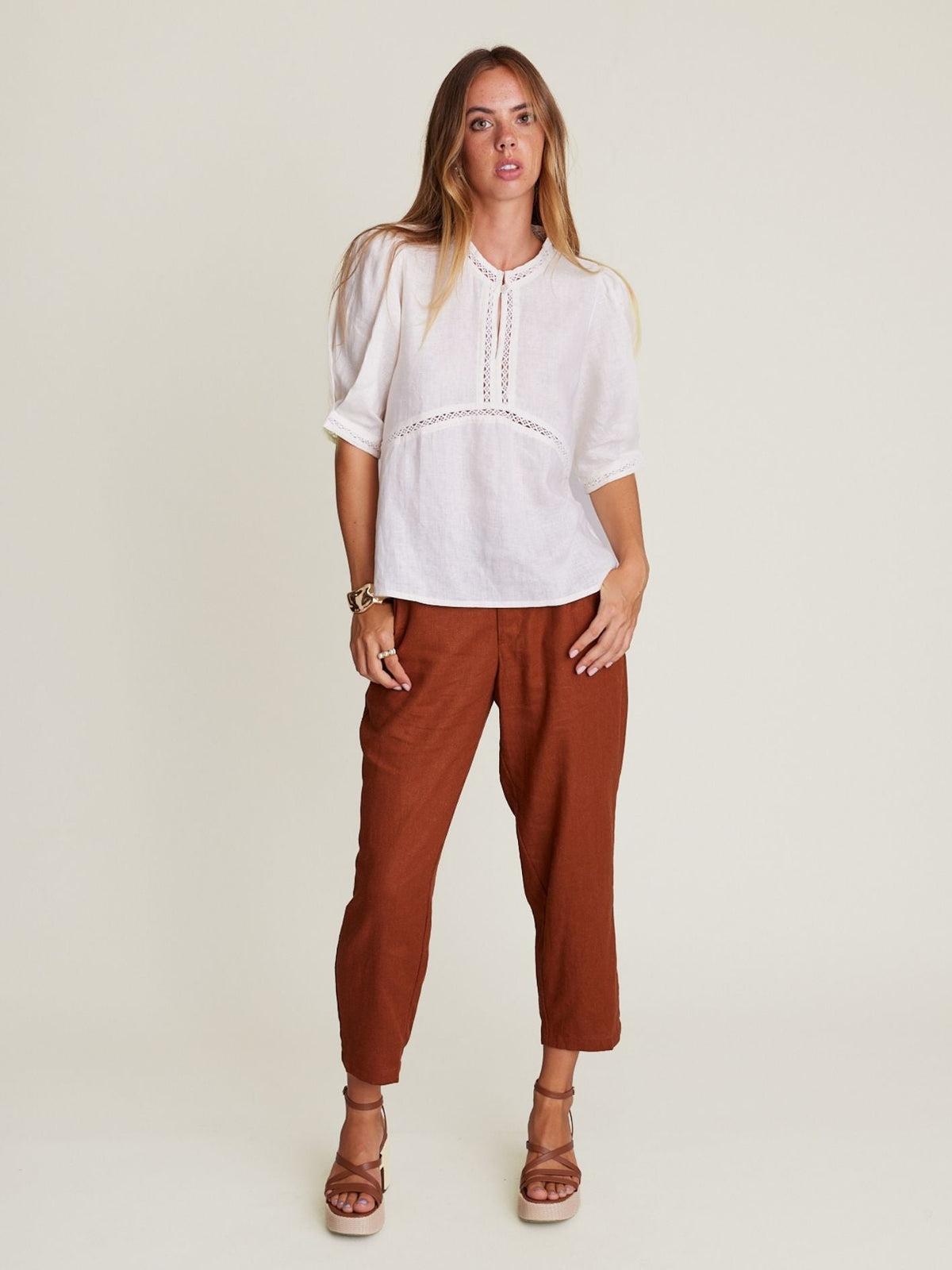 State Of Embrace Crop Staple Linen Pant - Chocolate