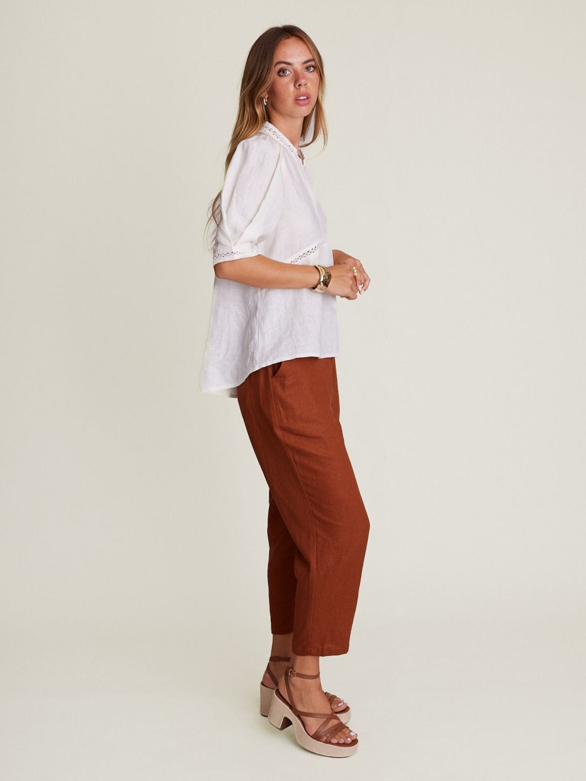 State Of Embrace Crop Staple Linen Pant - Chocolate
