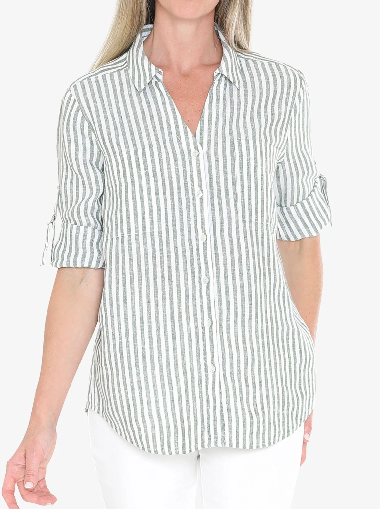 JUMP Clothing - Stripe Linen Shirt - Basil