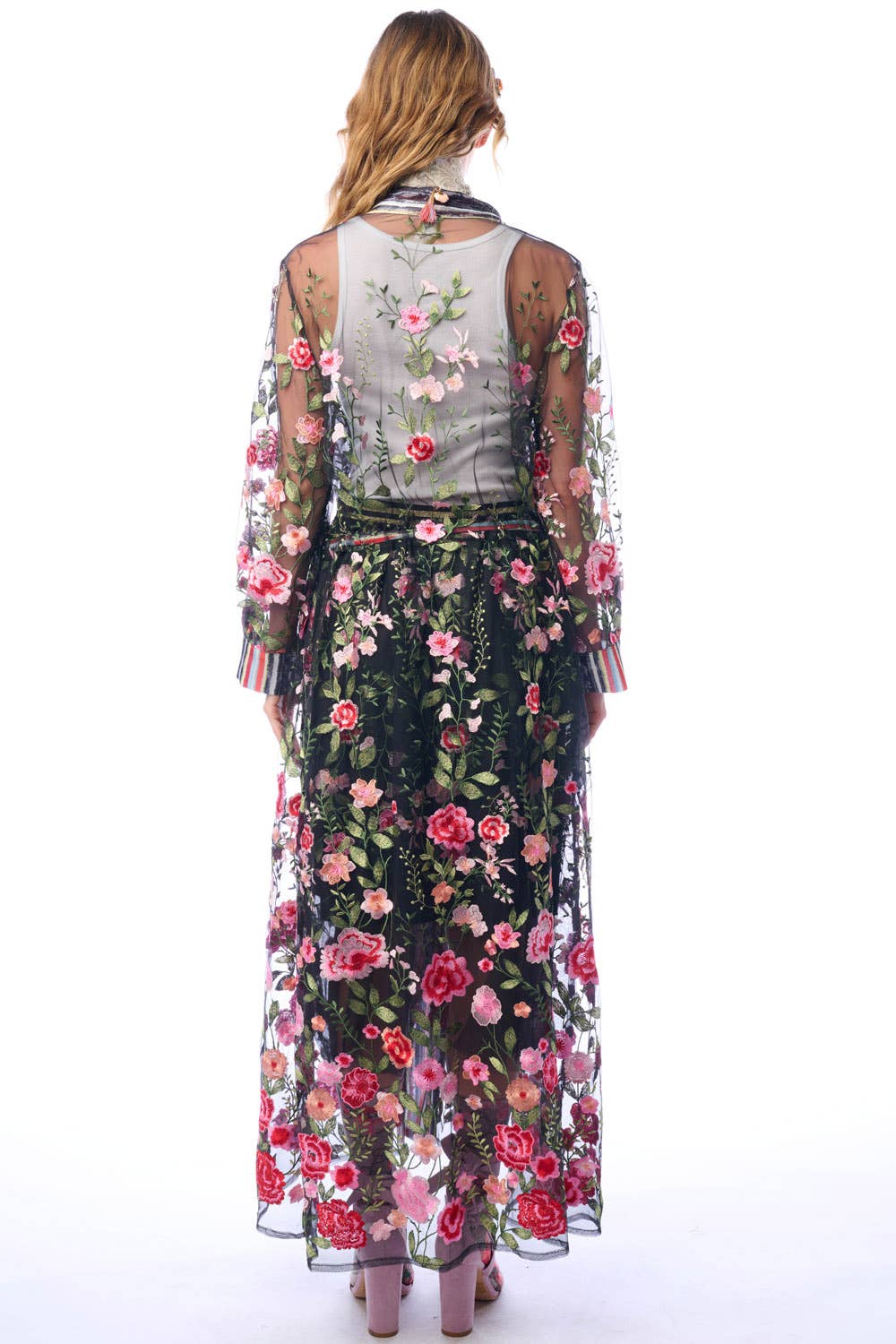 Arata - Floral Embroidered Duster Jacket - Dark Rose