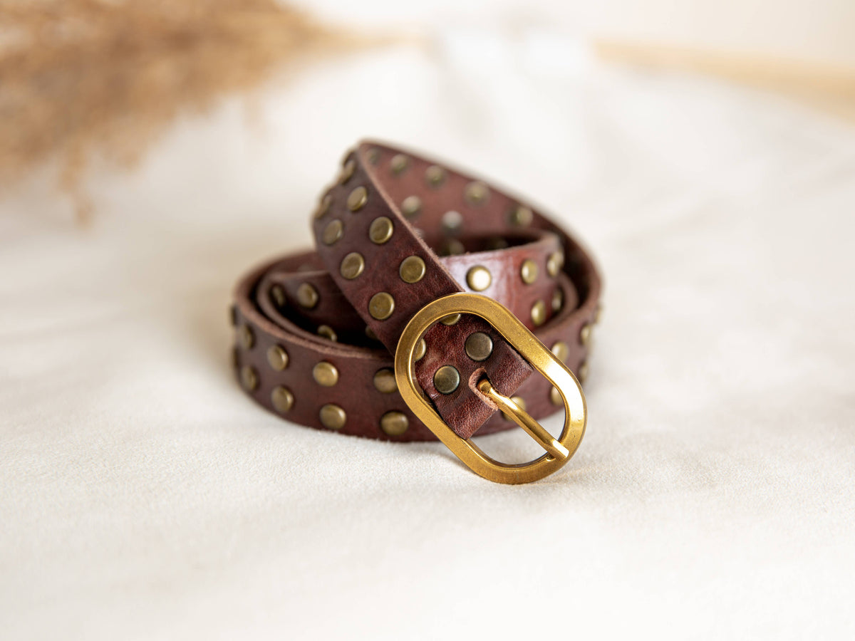 Narrow Leather Belt With Studs - Dark Brown