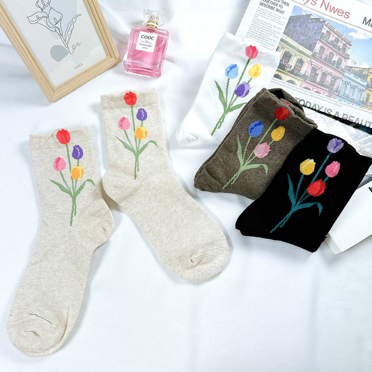 Women's Crew Tulip Flower Socks
