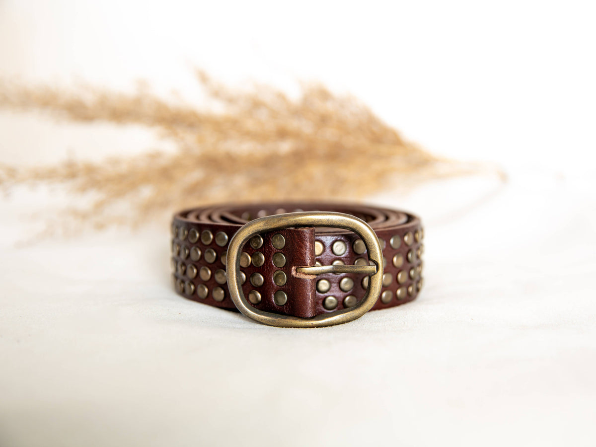 Leather Belt With Studs - Dark Brown