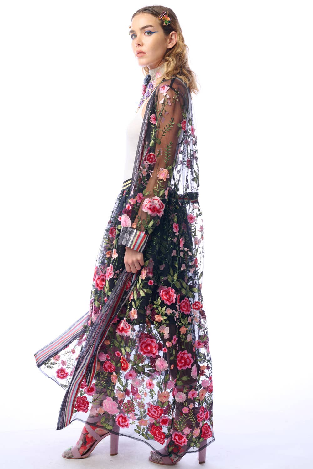 Arata - Floral Embroidered Duster Jacket - Dark Rose