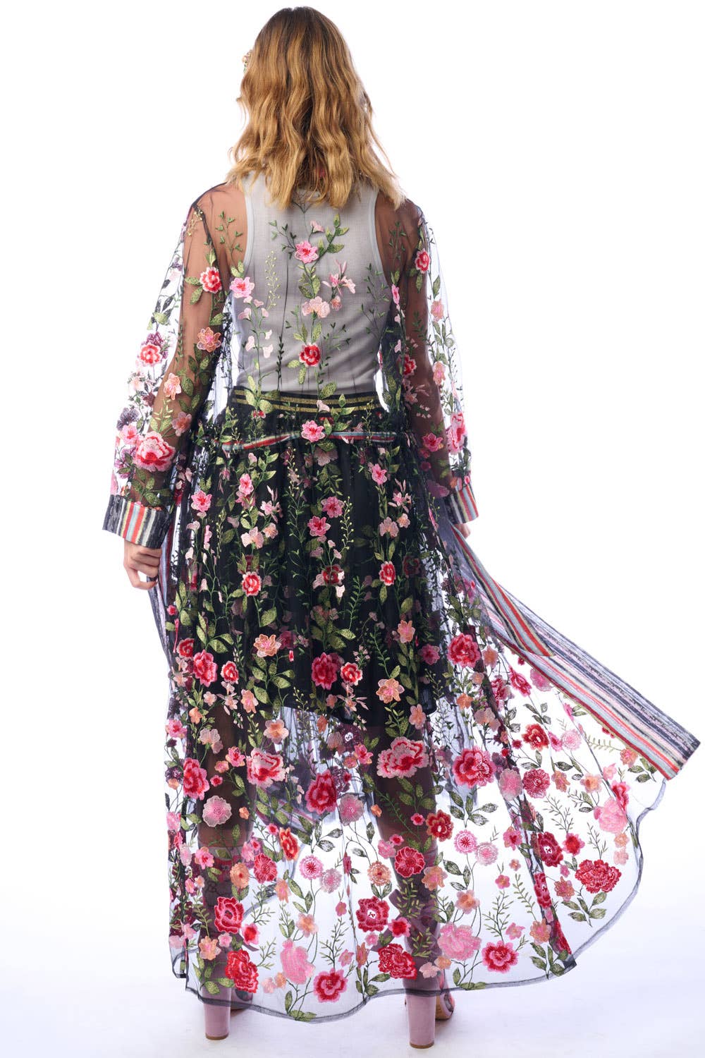 Arata - Floral Embroidered Duster Jacket - Dark Rose