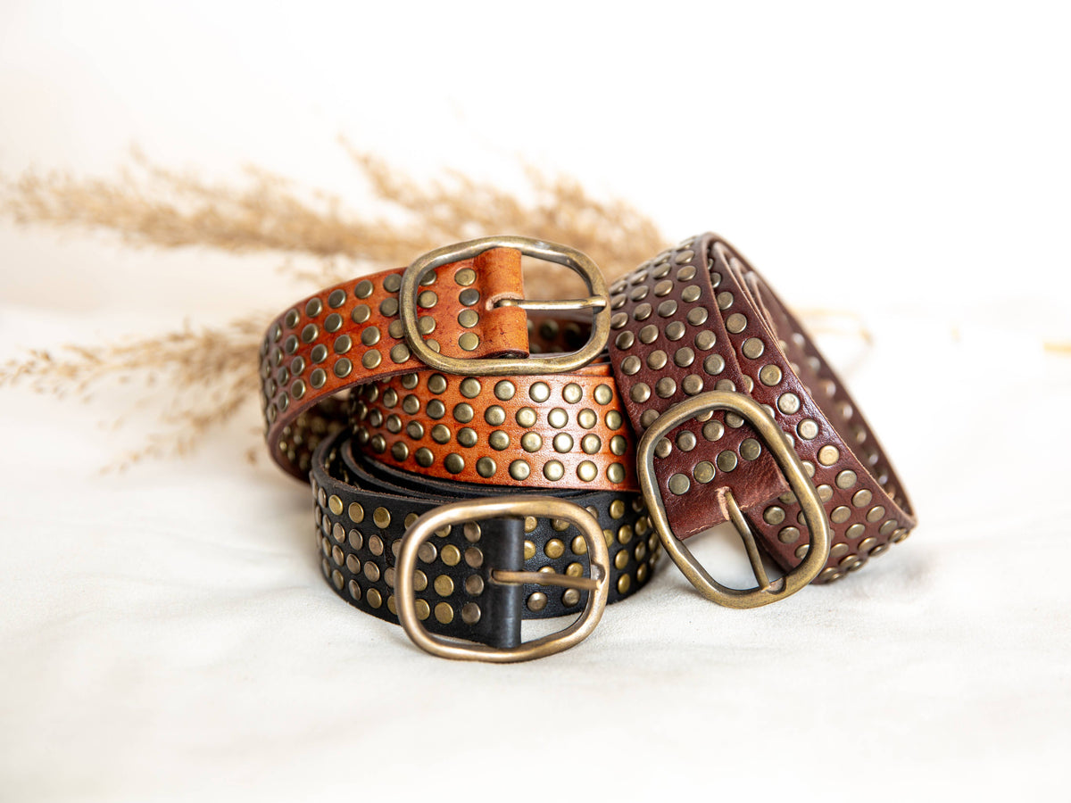 Leather Belt With Studs - Dark Brown