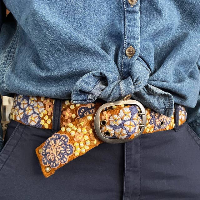 Jenny Krauss  - Blue Skies - Handmade Floral Embroidered Wool Belt