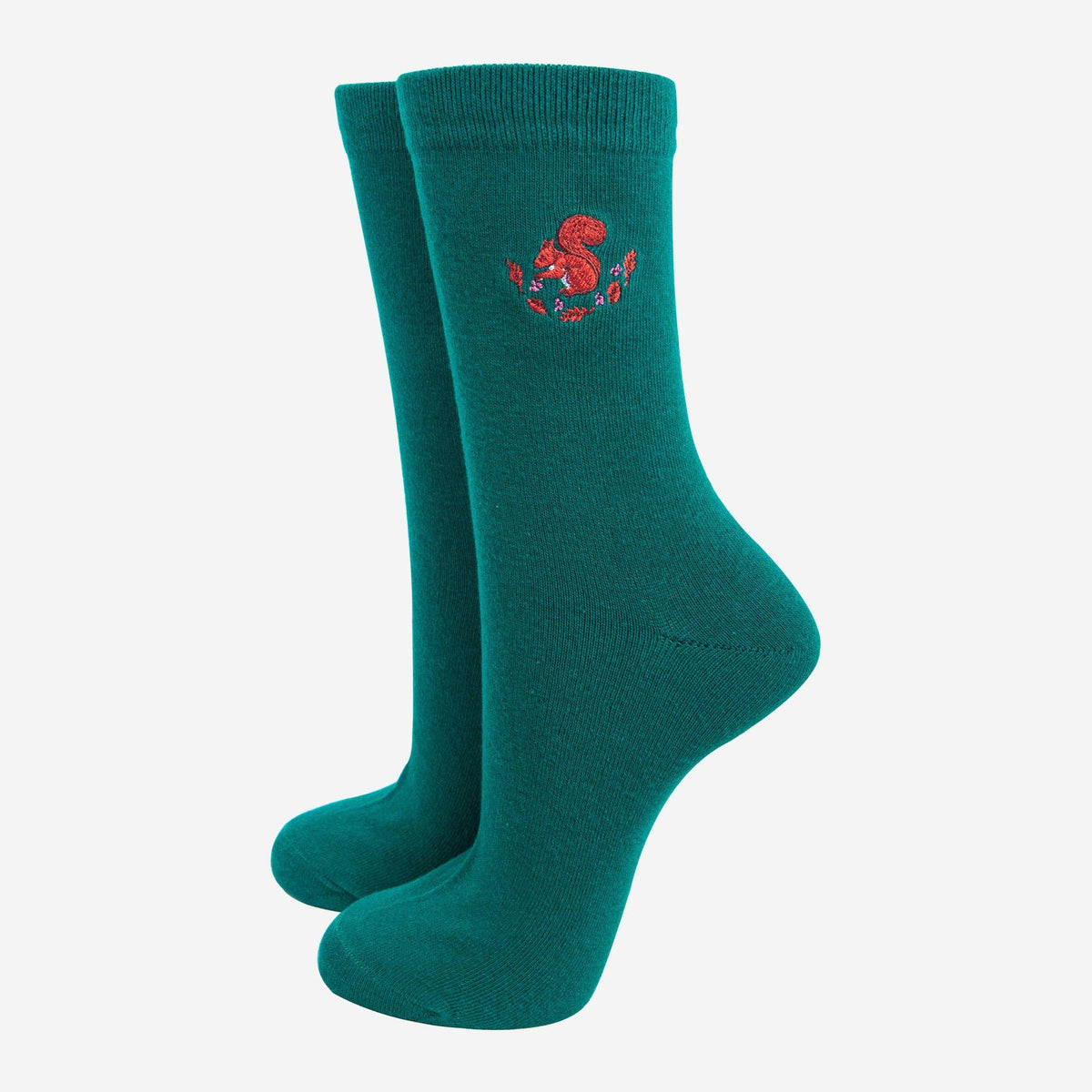 Women's Embroidered Ankle Socks- Forest Green, Squirrel