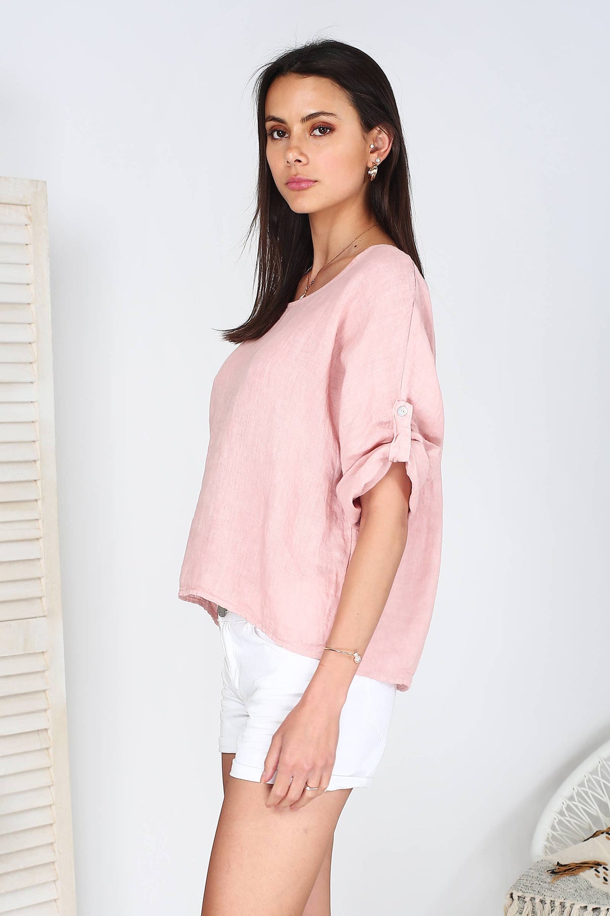 Italian Linen Basic Top Crop Sleeve w Button