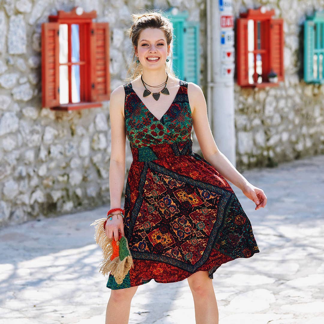 Nomad Garden - V Neck Short Bohemian Sundress - Red