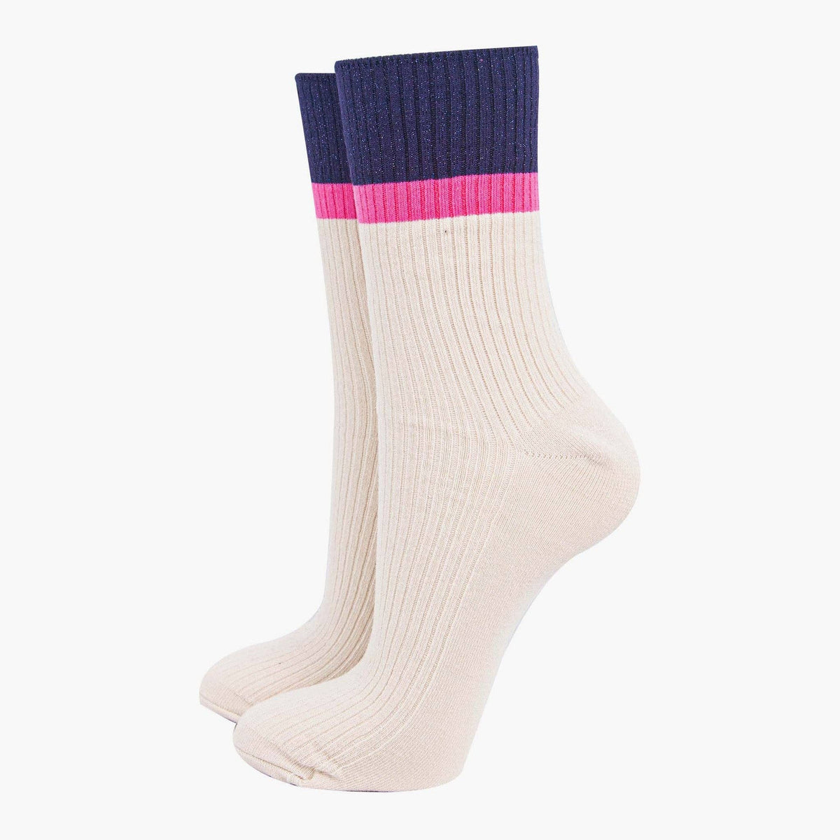Women's Mid-Calf Socks - Cream/Navy Blue, Contrast Cuff