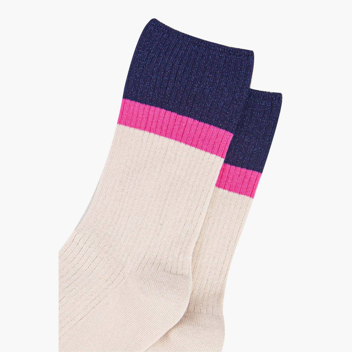 Women's Mid-Calf Socks - Cream/Navy Blue, Contrast Cuff