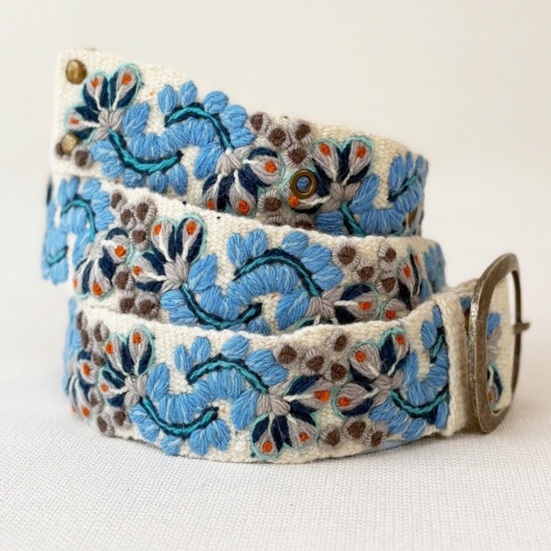 Jenny Krauss - Hand Embroidered Wool Belt - Blue Serenade