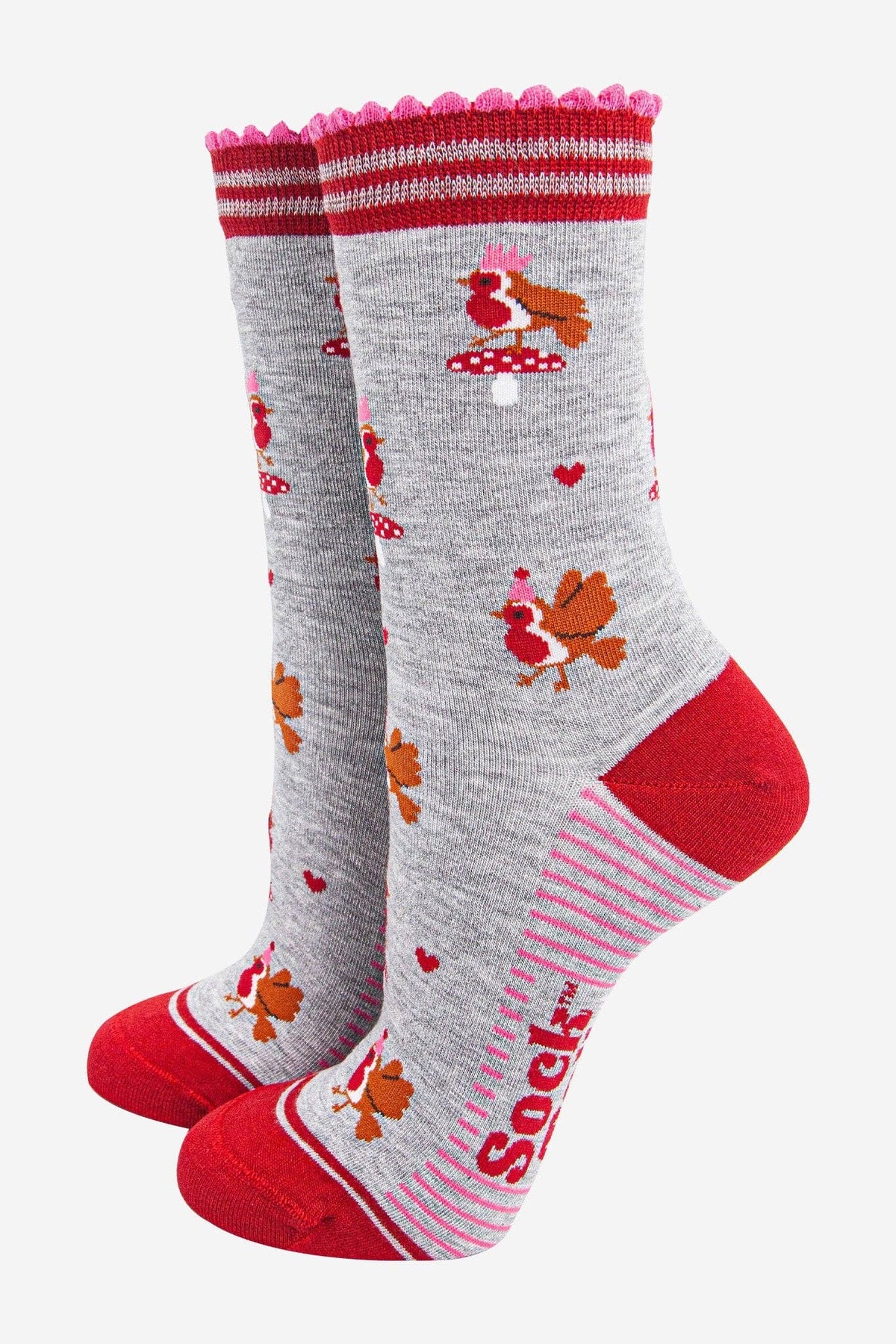 Women's Bamboo Socks - Light Grey/Red, Party Robins