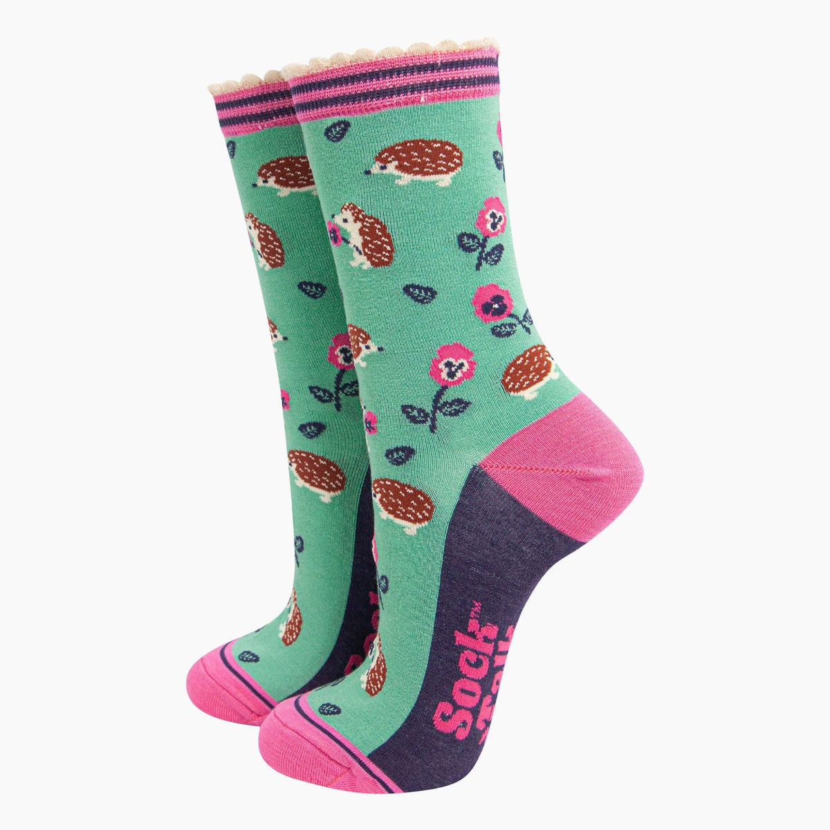 Women's Bamboo Socks - Mint, Hedgehog and Pansies