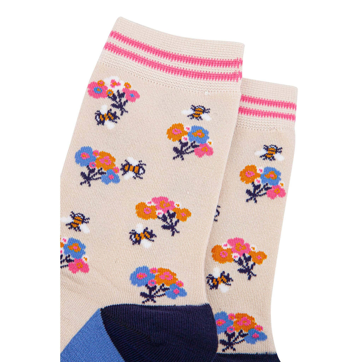 Women's Bamboo Socks - Cream/Navy Blue, Bee Posy