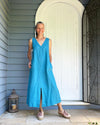 Blueberry Italia V Neck Sleeveless Linen Dress with Front Pockets and Split - Various Colours