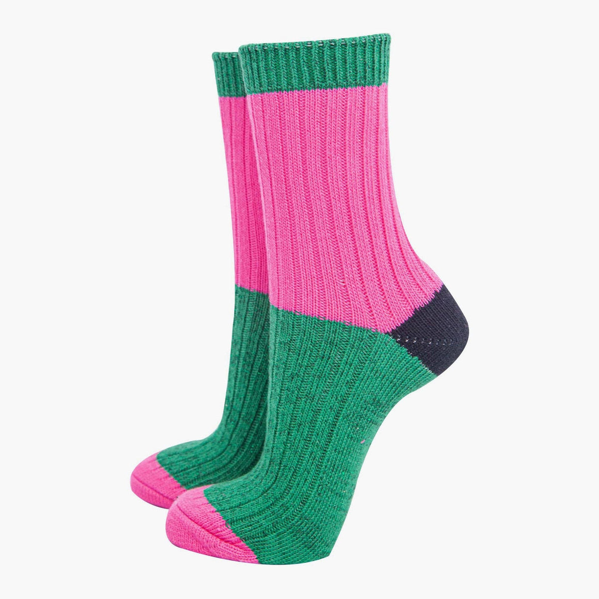 Women's Mid-Calf Socks- Pink/Green, Colour Block