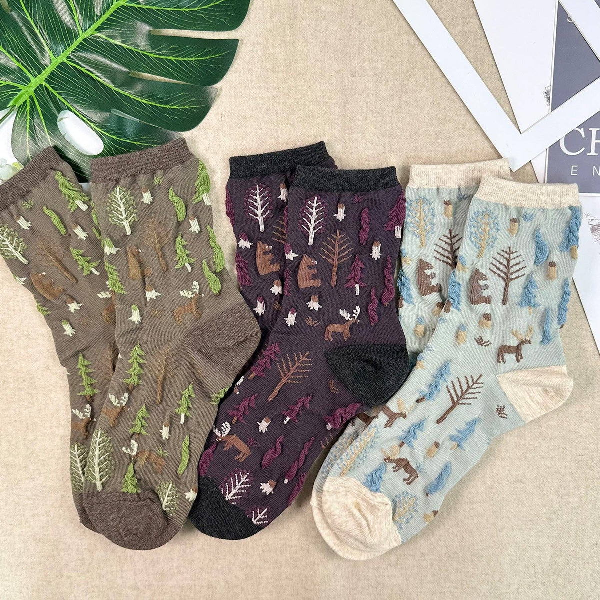 Women's Crew Oulanka Forest Embroidery Pattern Socks