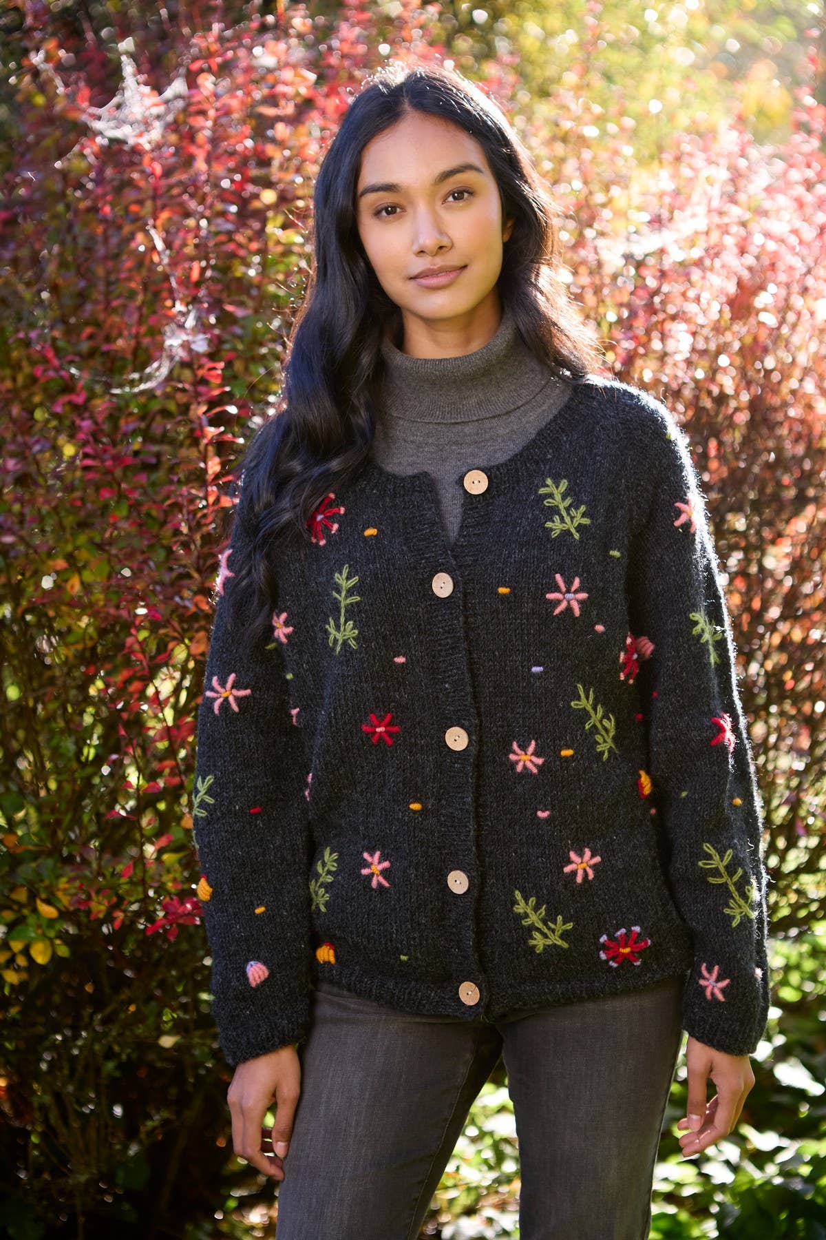 Lugano - Hand Embroidered Flower Knit 100% Wool Cardigan - Charcoal