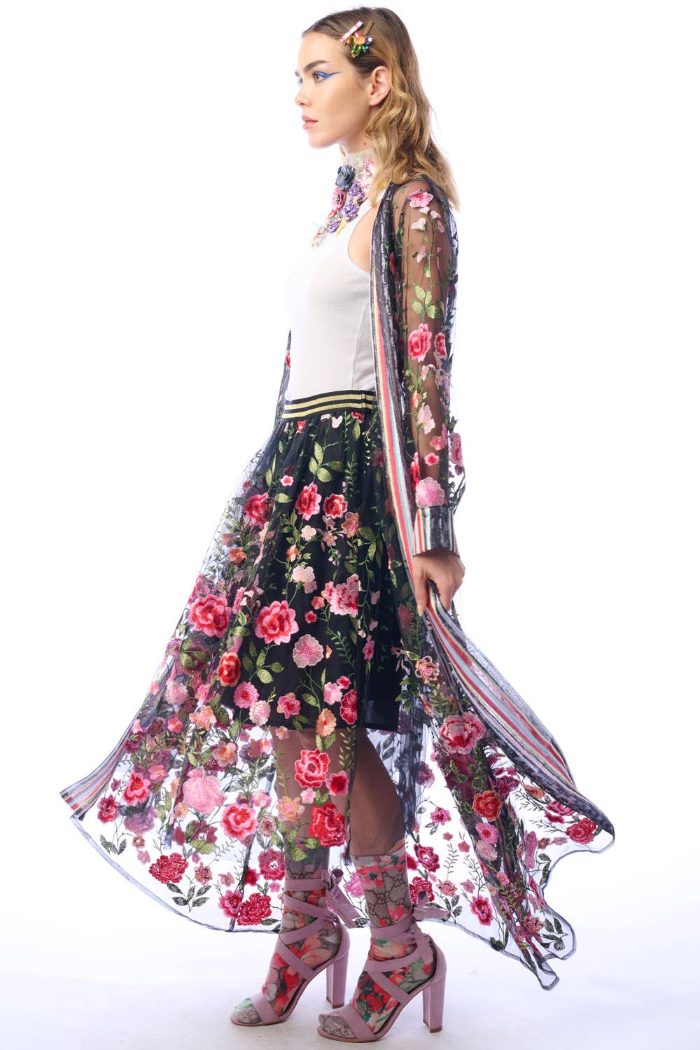 Arata - Floral Embroidered Duster Jacket - Dark Rose