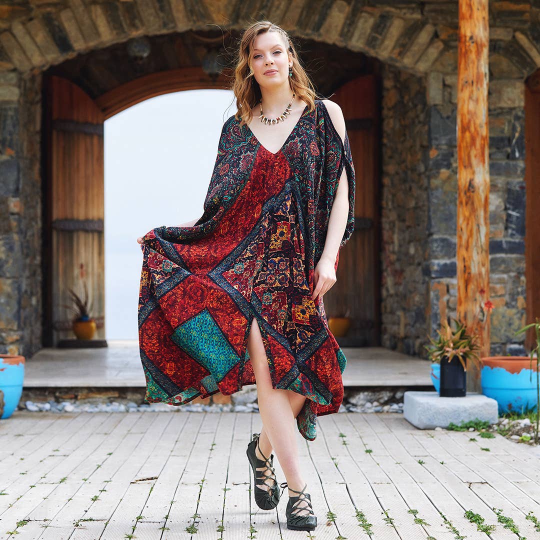 Nomad Tapestr - Patterned Low Back Bohemian Summer Dress - Black/Teal