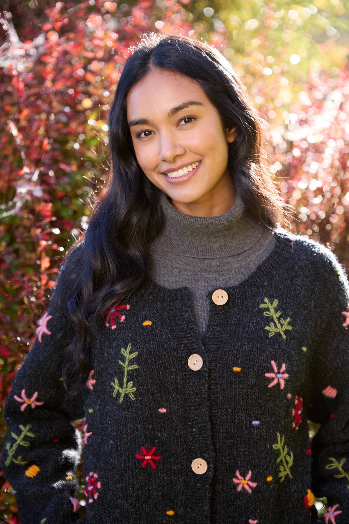 Lugano - Hand Embroidered Flower Knit 100% Wool Cardigan - Charcoal