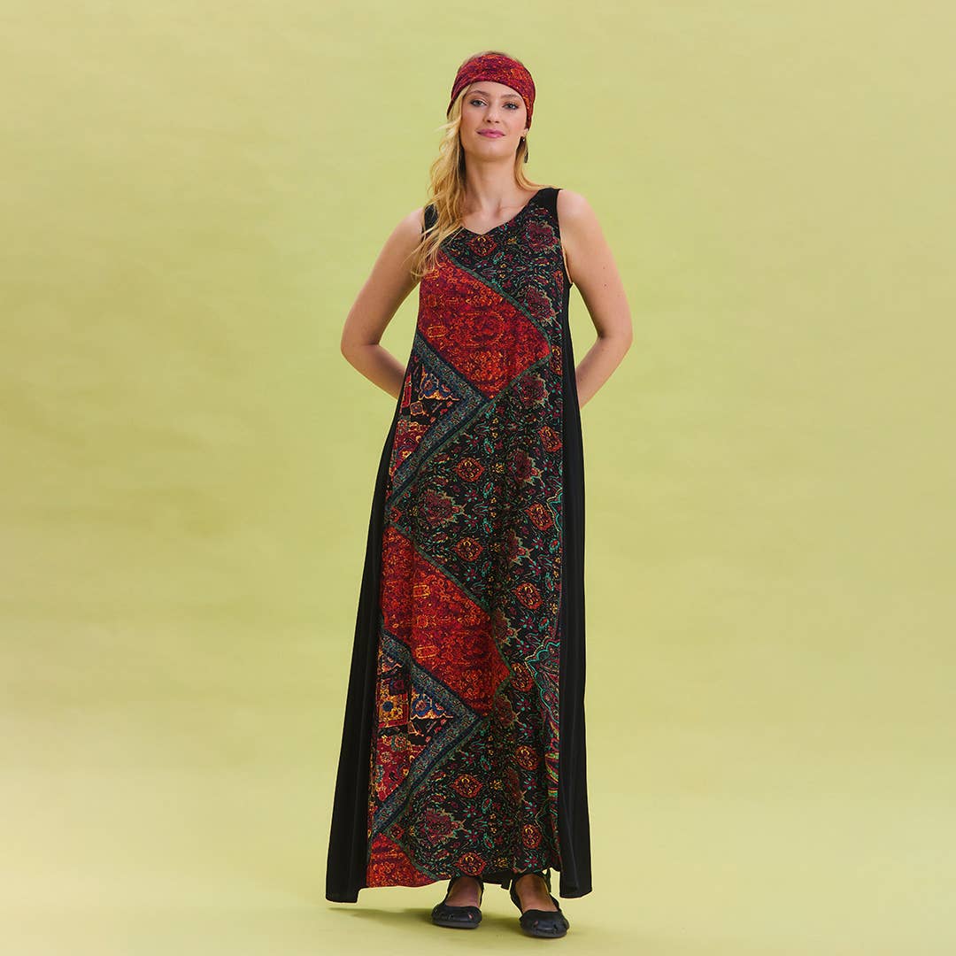 Bohemian Patchwork - Maxi Crew Neck Pocket Detailed Ethnic Patterned Dress - Black /Red