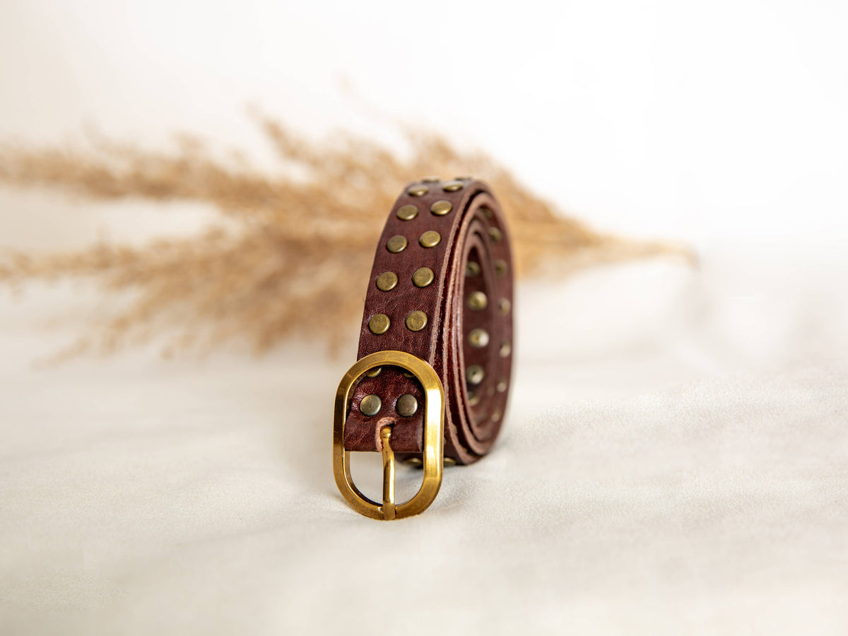 Narrow Leather Belt With Studs - Dark Brown