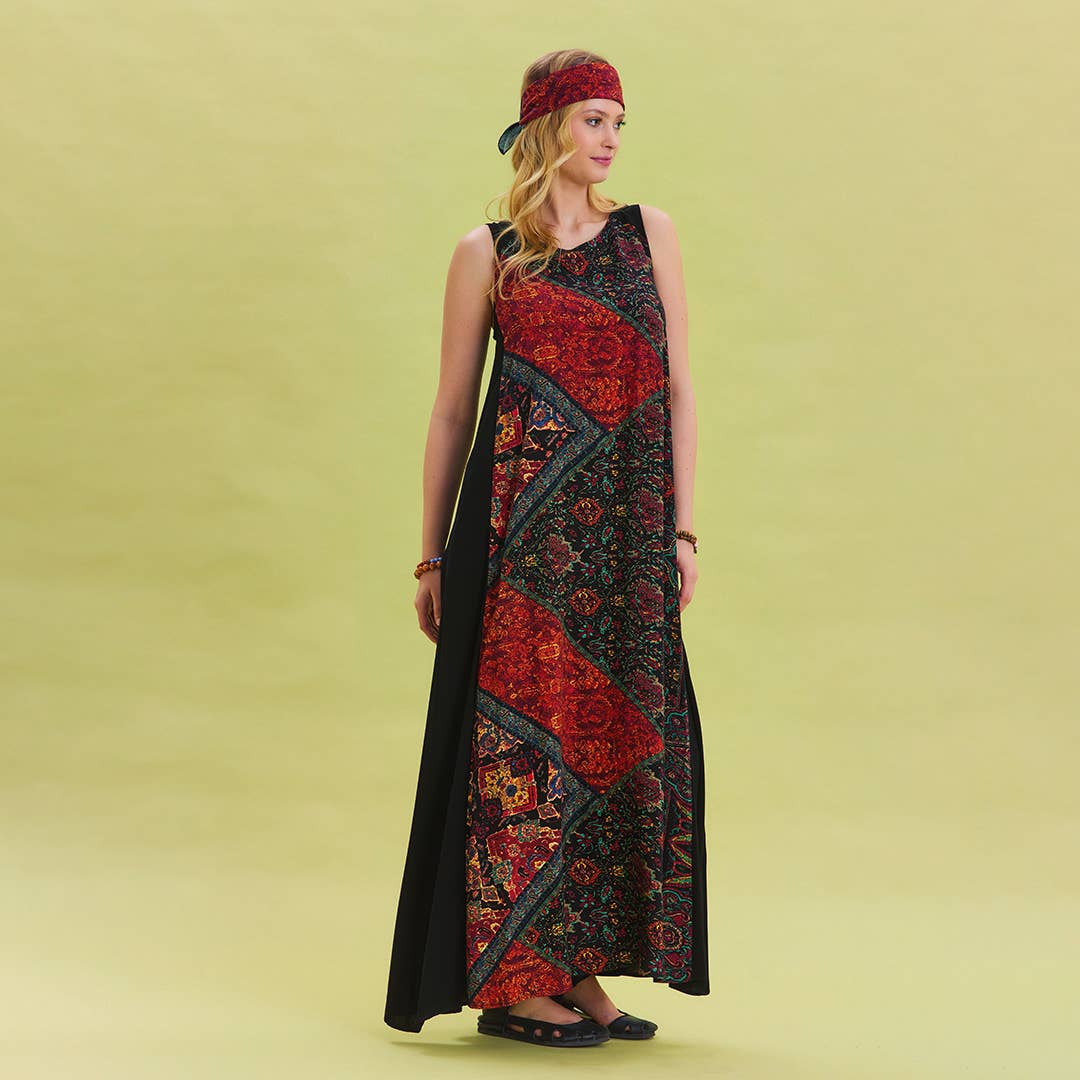 Bohemian Patchwork - Maxi Crew Neck Pocket Detailed Ethnic Patterned Dress - Black /Red