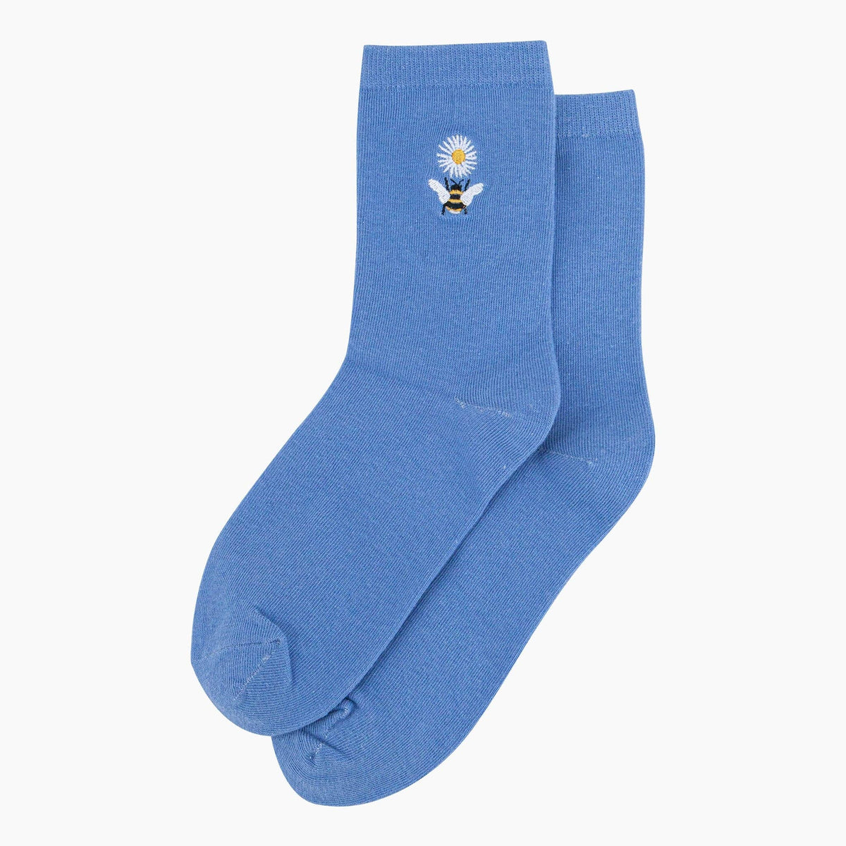 Women's Embroidered Cotton Socks -  Blue, Bee Daisy Flower