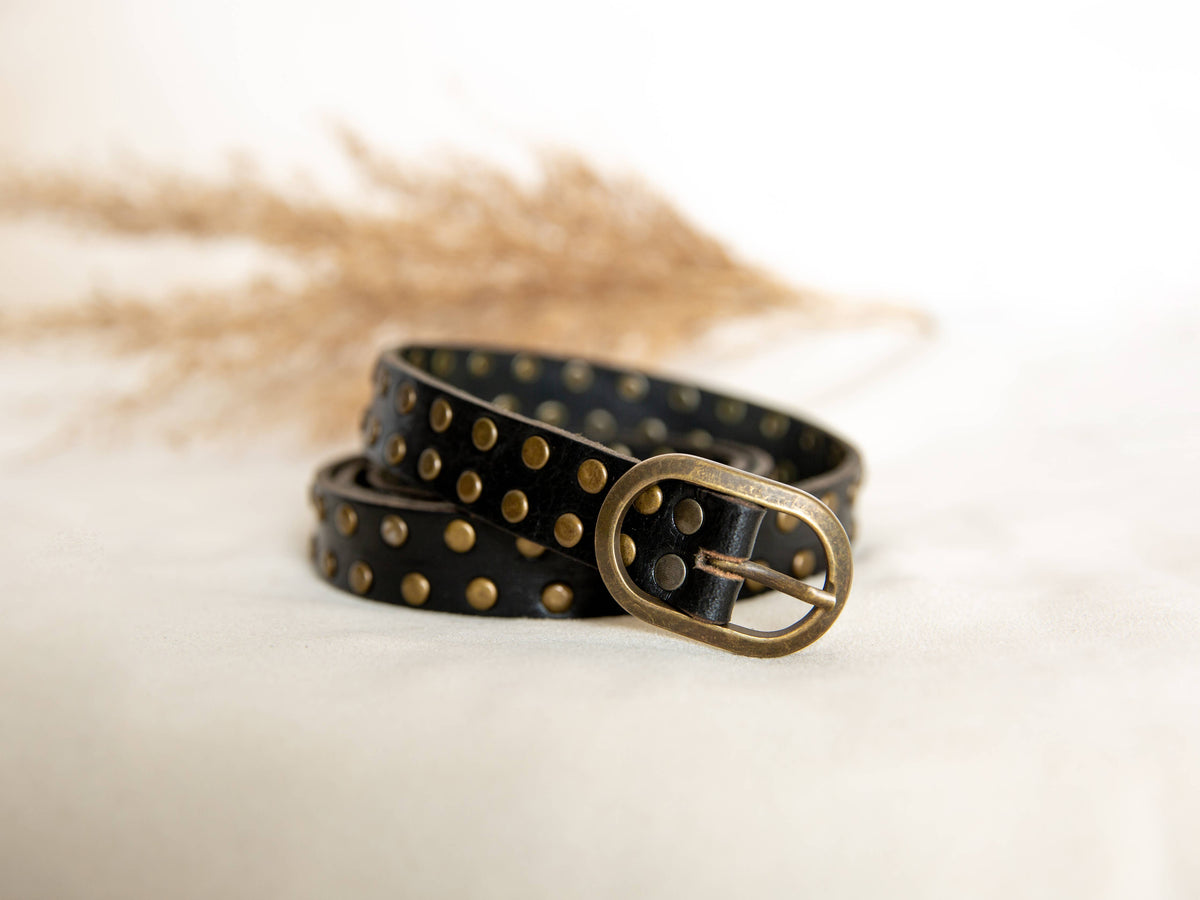 Narrow Leather Belt with Studs - Black