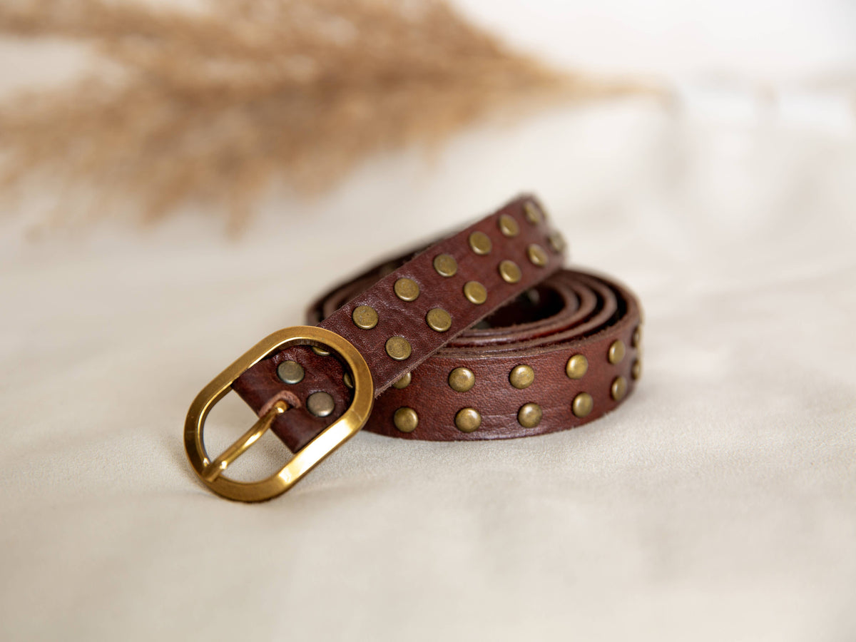 Narrow Leather Belt With Studs - Dark Brown