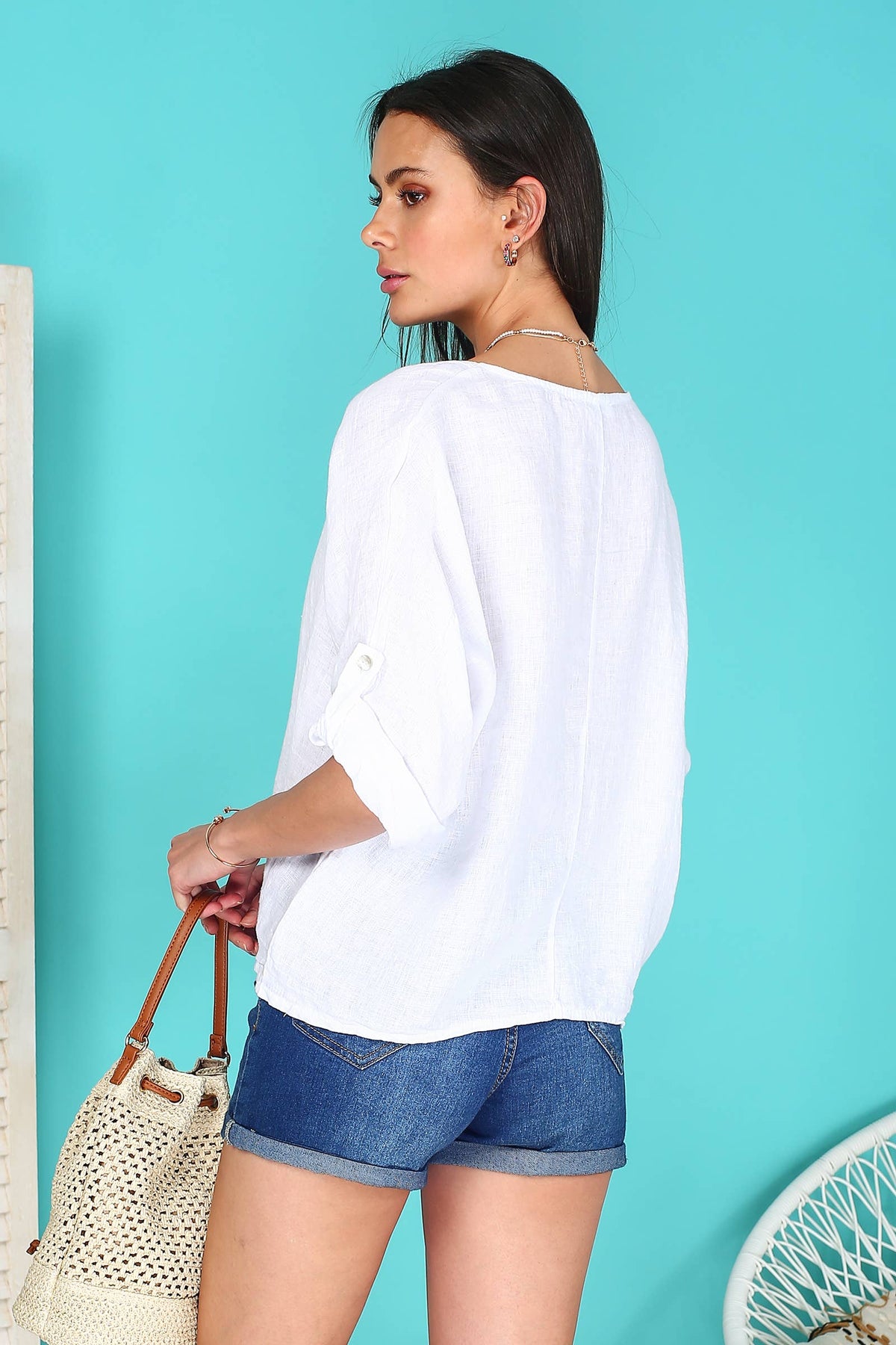 Italian Linen Basic Top Crop Sleeve w Button