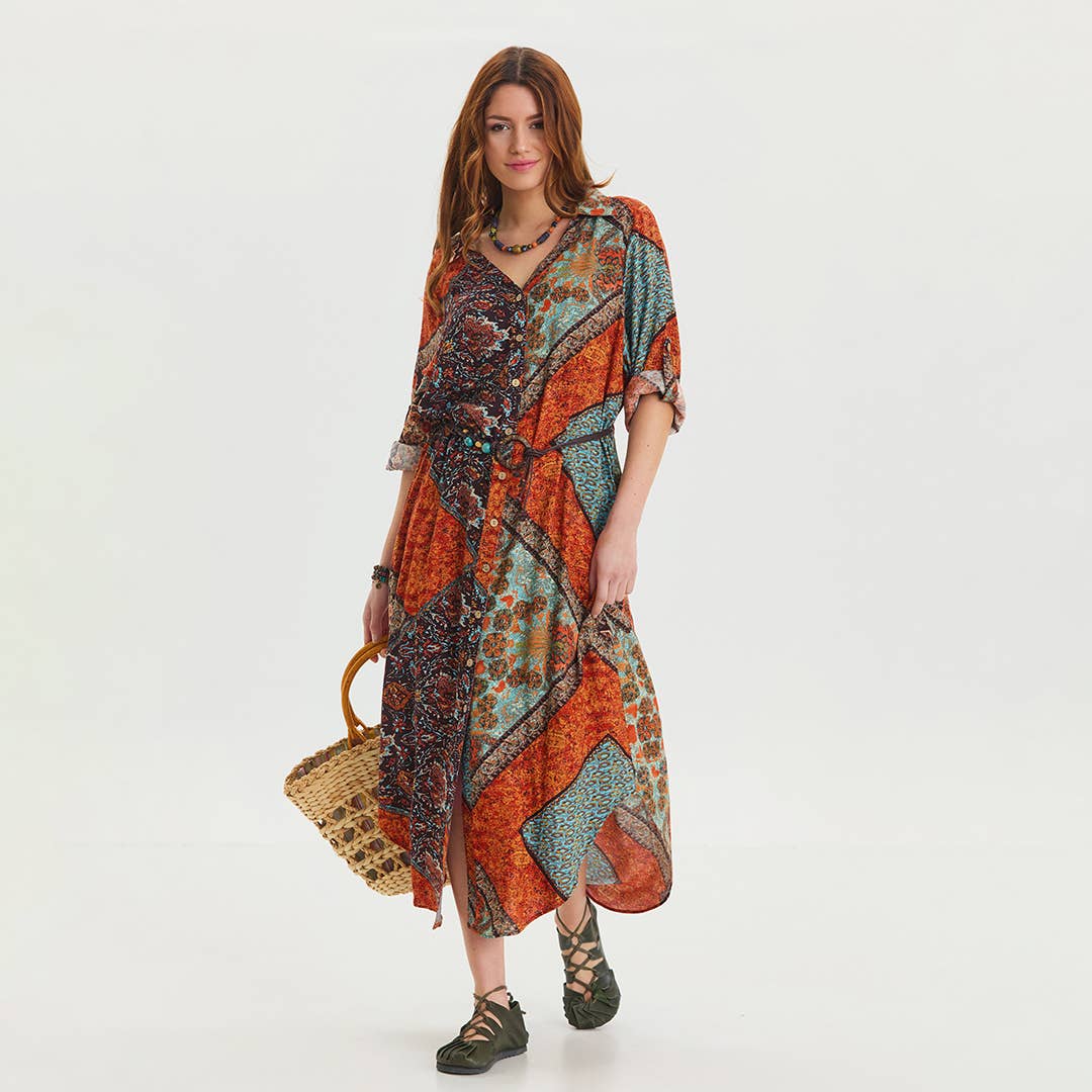 Bohemian Caravan - Belt Detailed Patterned Shirt Dress - Orange