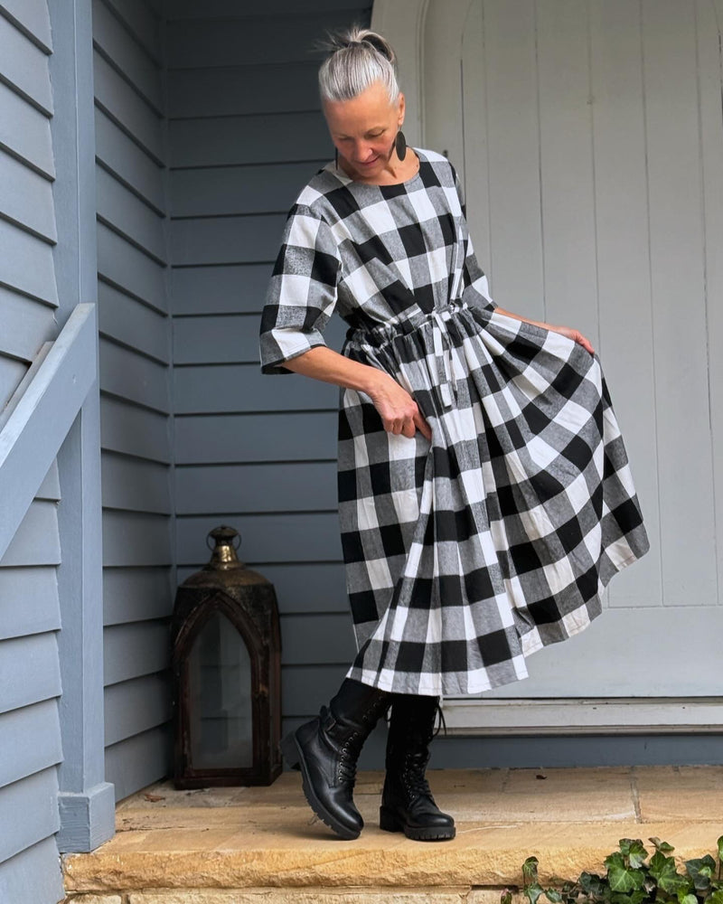 Winter Cotton Flannel Dress - Black Check