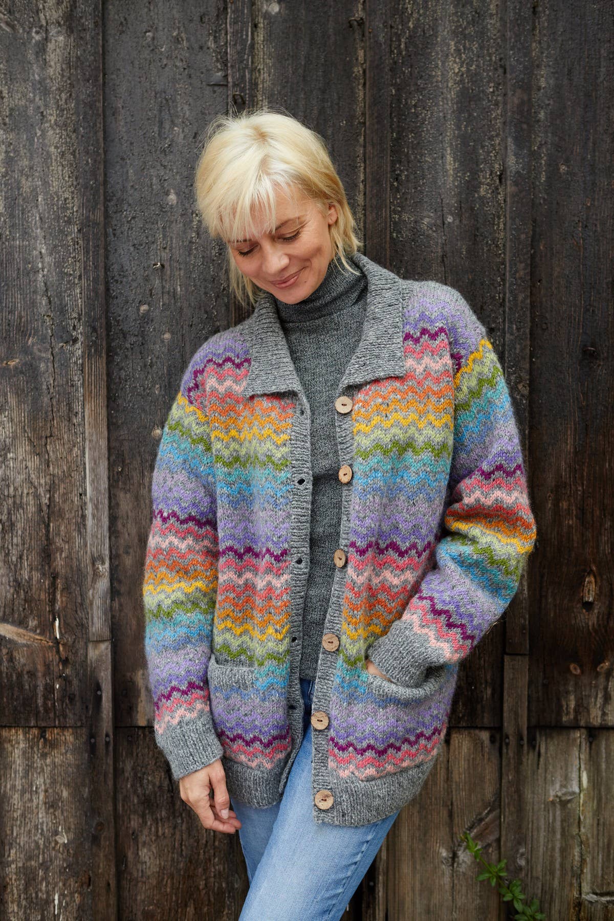 San - Clemente Stripe Wave Knit Cardigan Grey - Rainbow