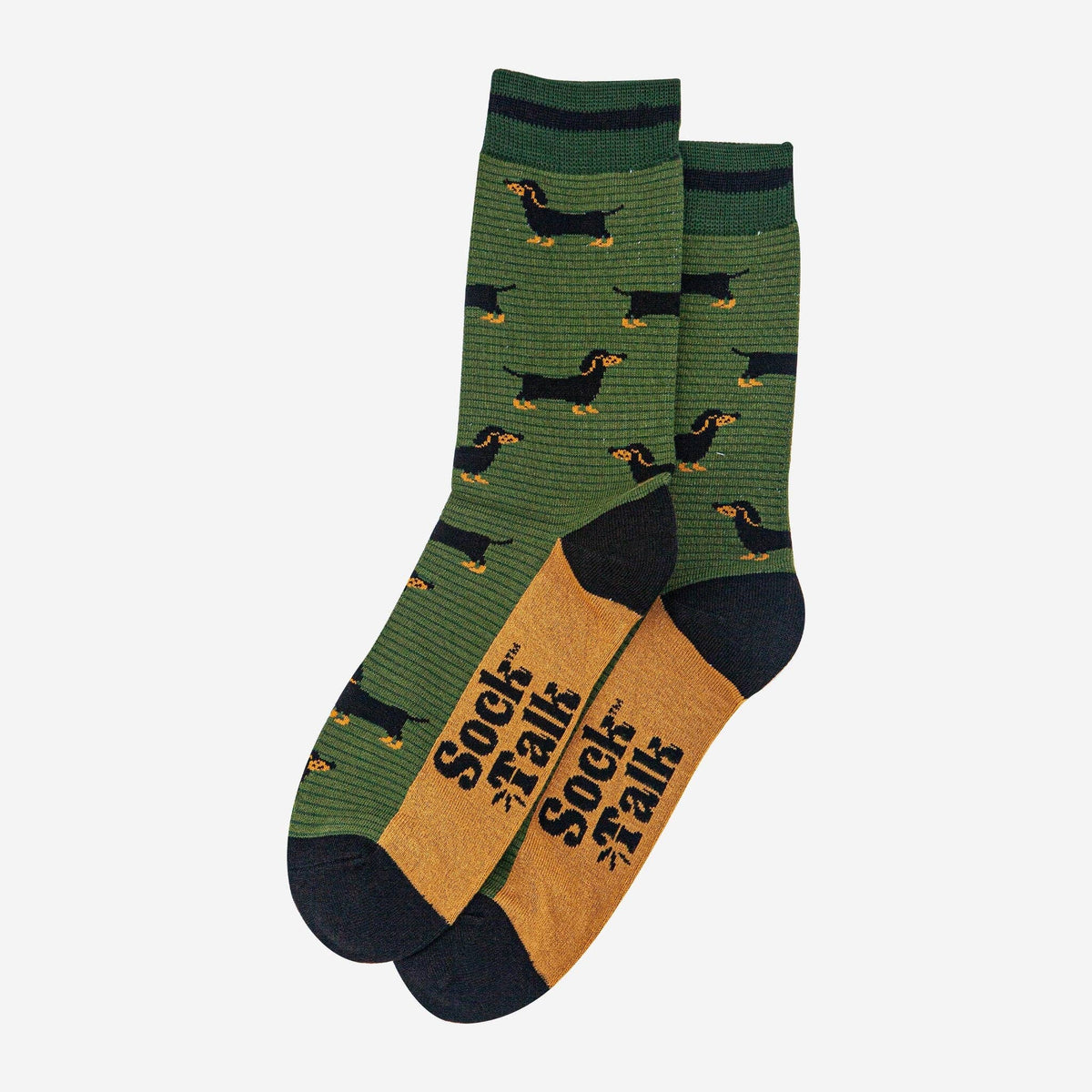 Men's Bamboo Socks - Khaki/Dark Green, Sausage Dog & Stripes