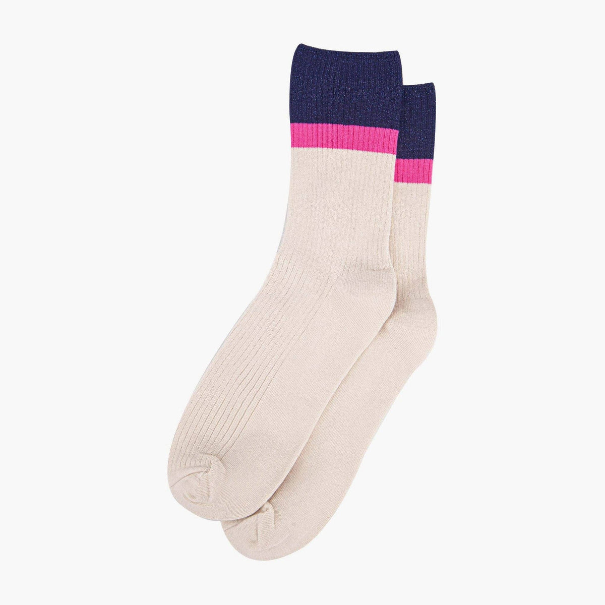Women's Mid-Calf Socks - Cream/Navy Blue, Contrast Cuff