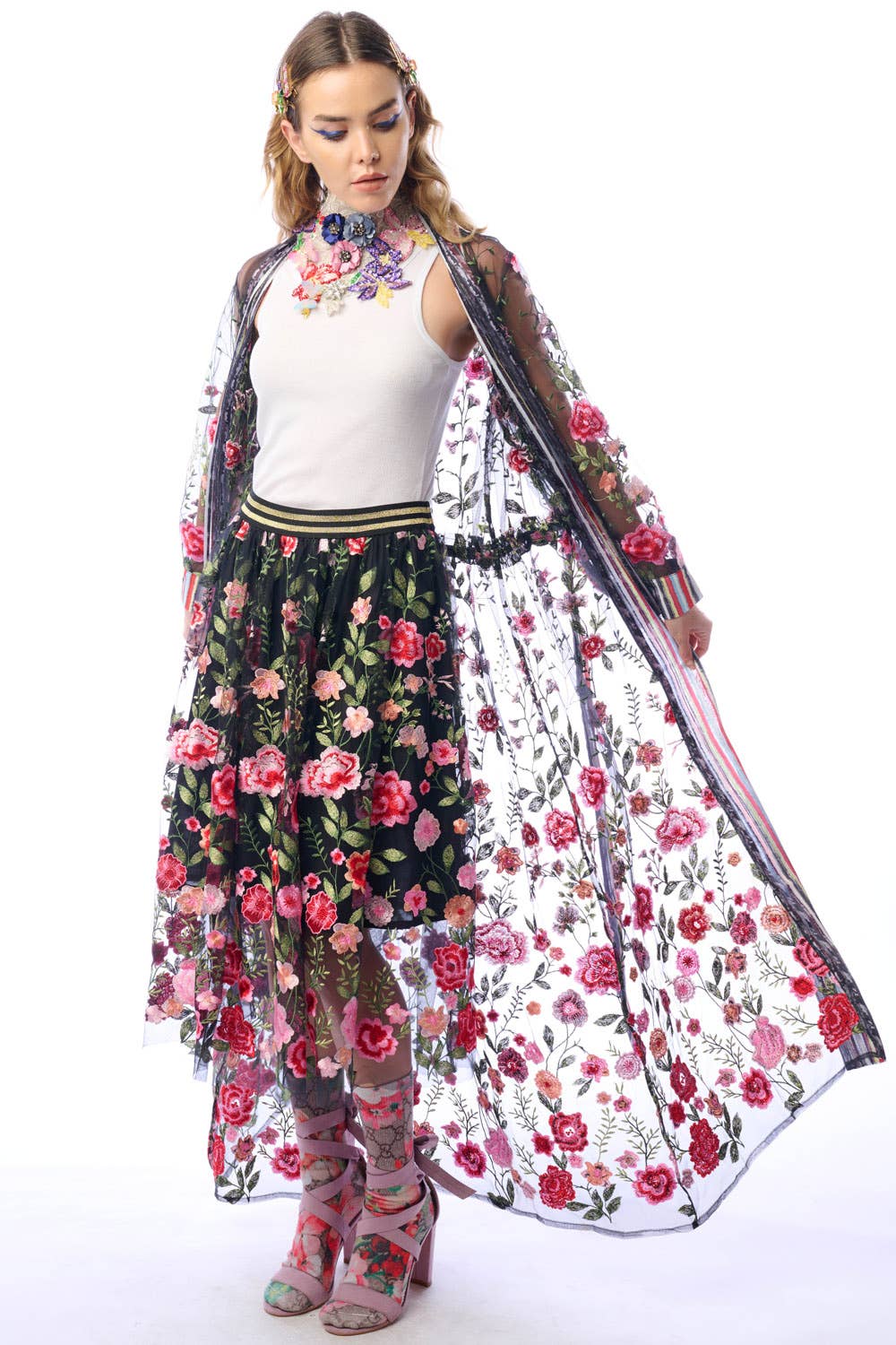 Arata - Floral Embroidered Duster Jacket - Dark Rose