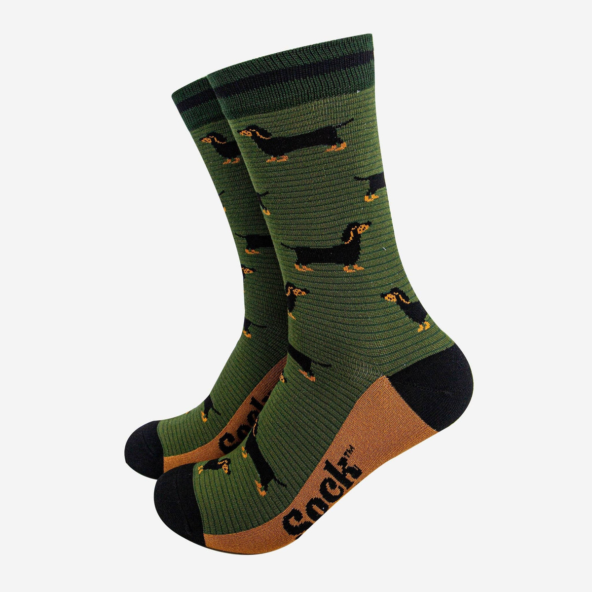 Men's Bamboo Socks - Khaki/Dark Green, Sausage Dog & Stripes