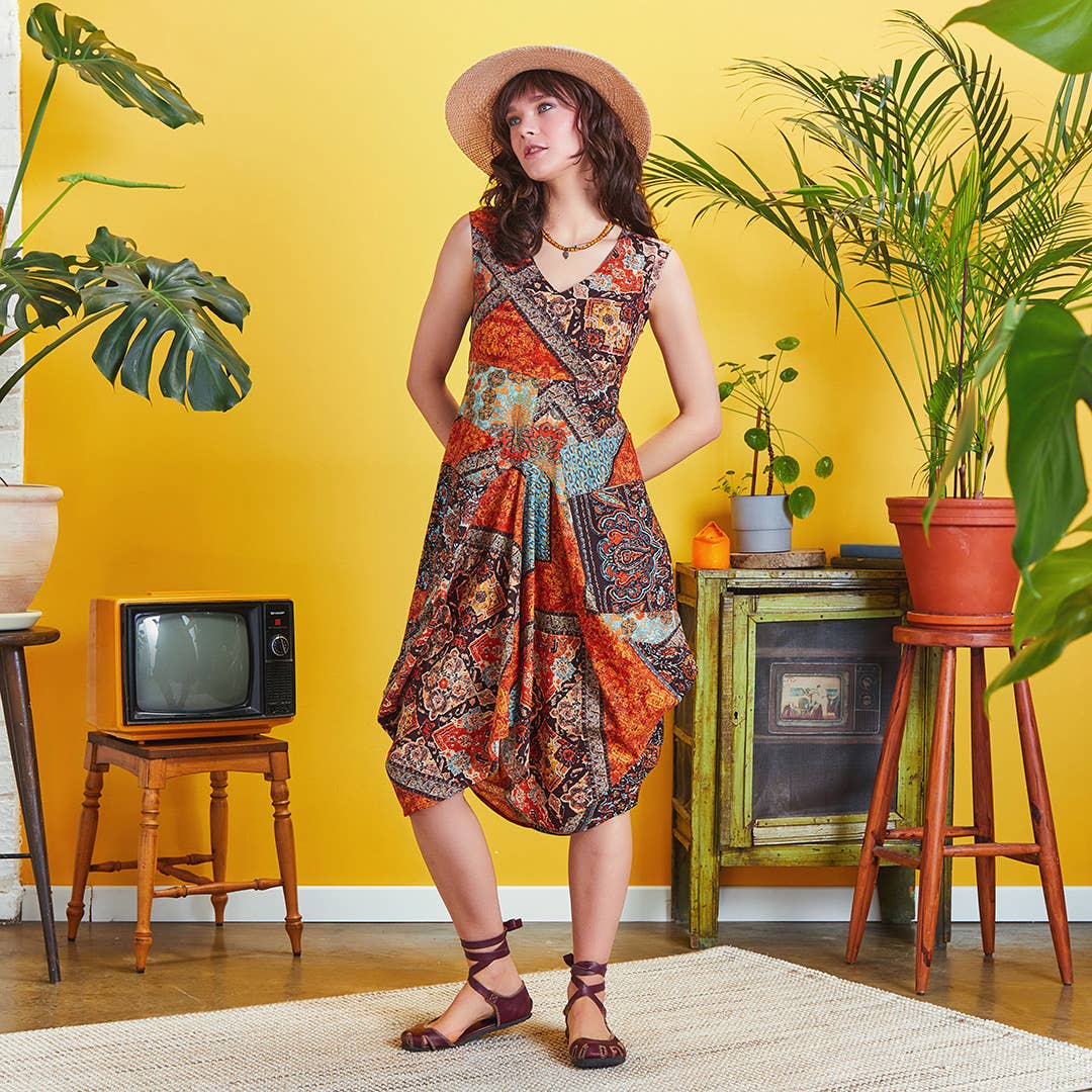 Autumn Mosaic - Cotton Sleeveless Dress - Brown /Orange