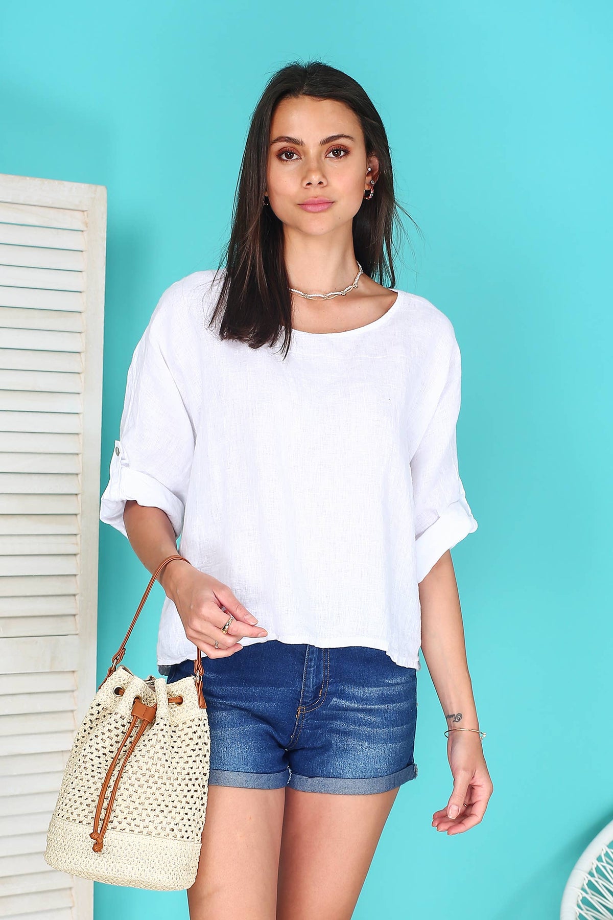 Italian Linen Basic Top Crop Sleeve w Button