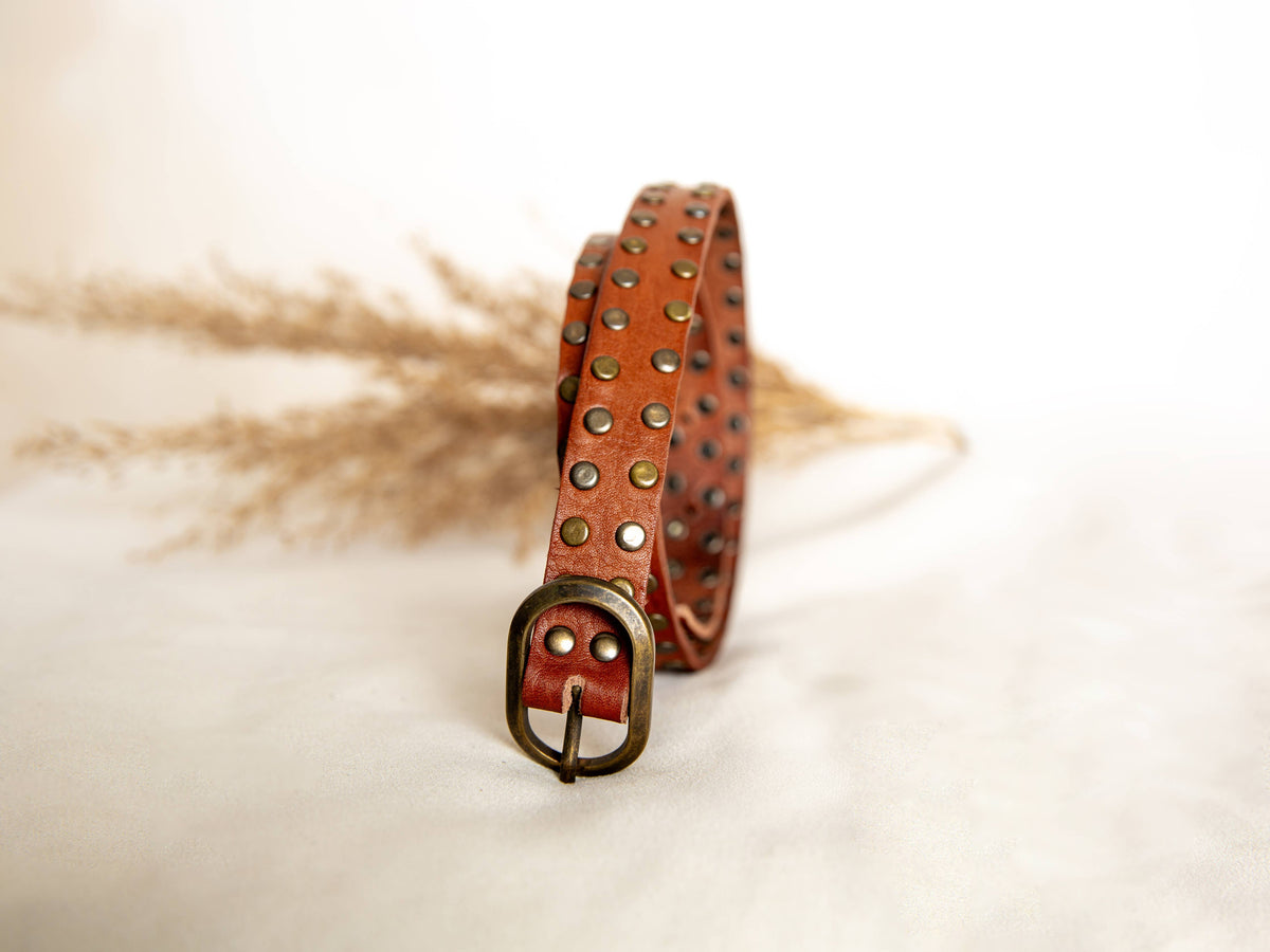 Narrow Leather Belt With Studs - Light Brown