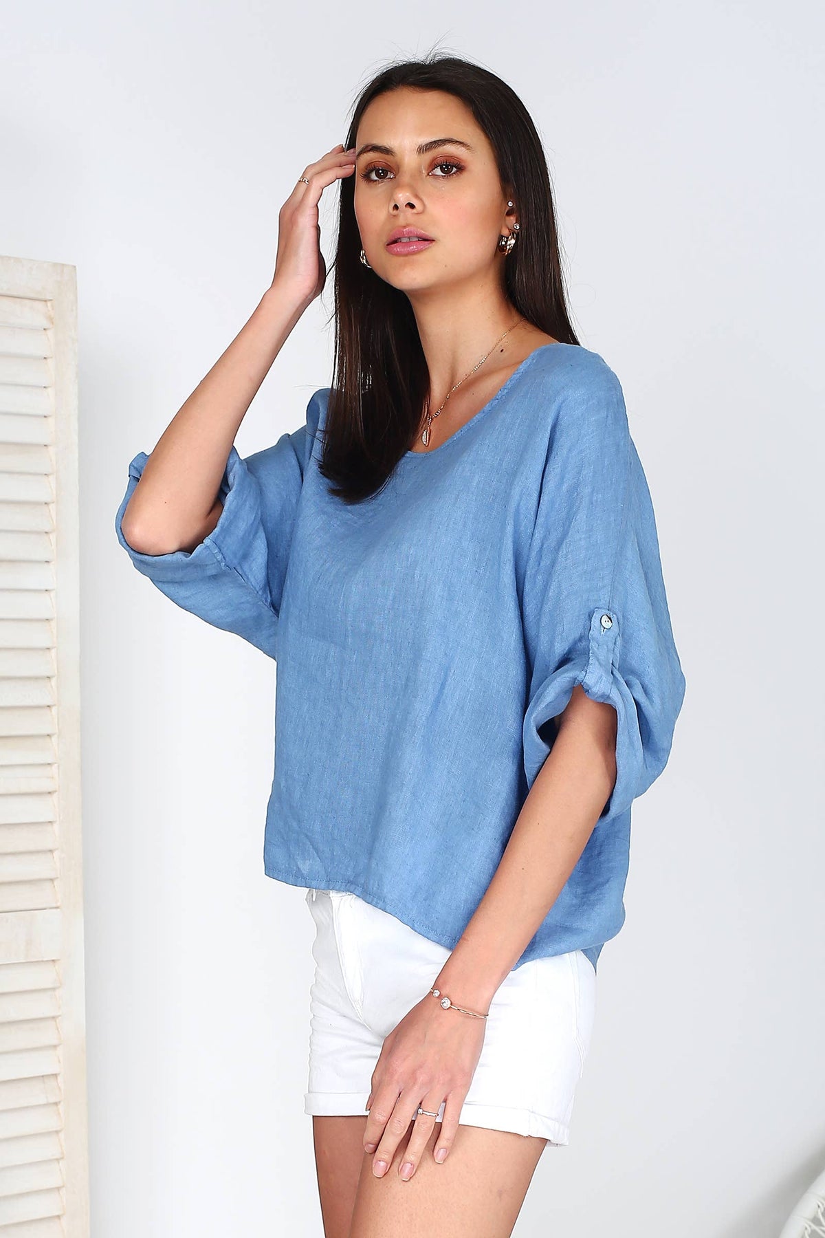 Italian Linen Basic Top Crop Sleeve w Button