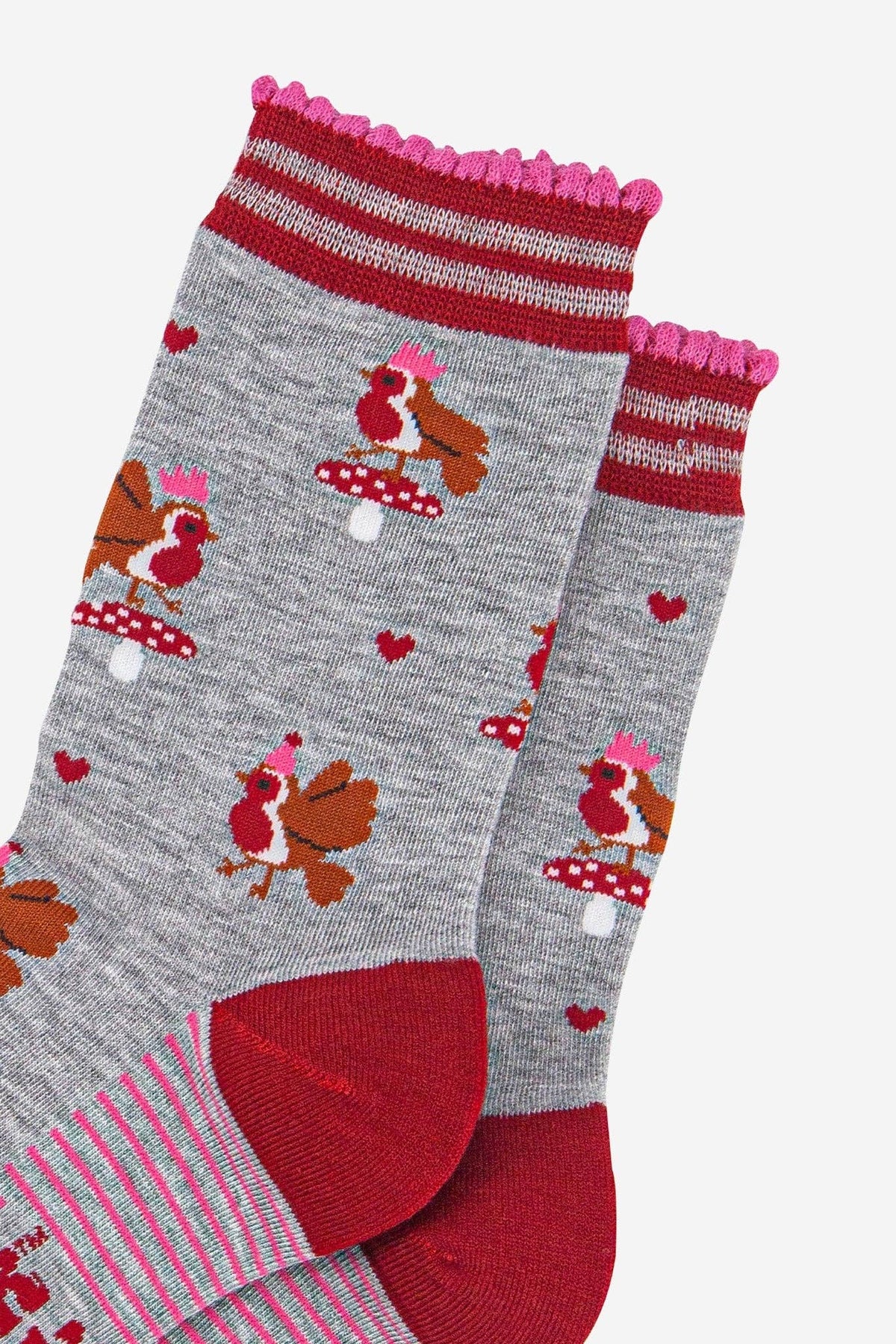 Women's Bamboo Socks - Light Grey/Red, Party Robins