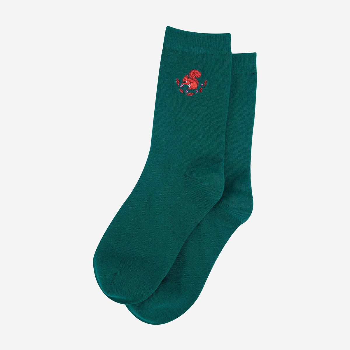 Women's Embroidered Ankle Socks- Forest Green, Squirrel