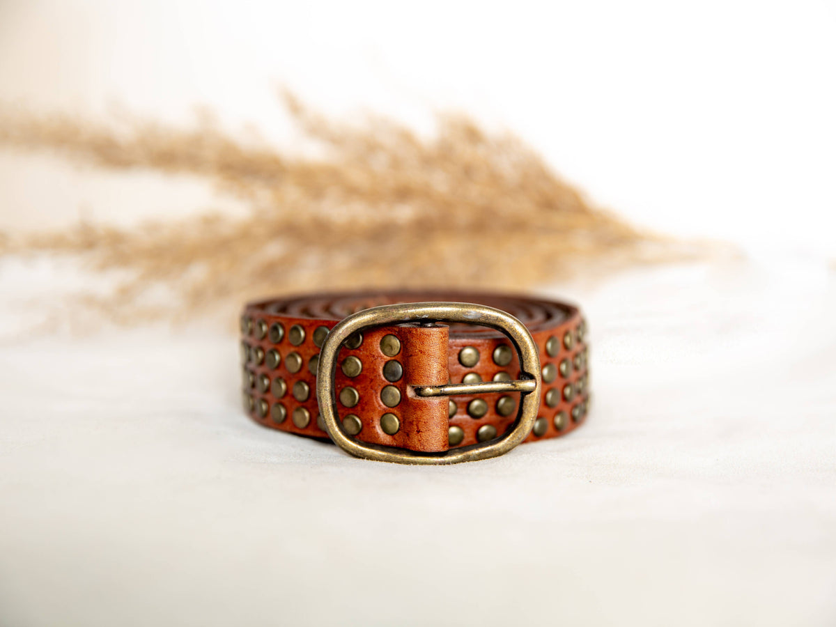 Leather Belt With Studs - Light Brown