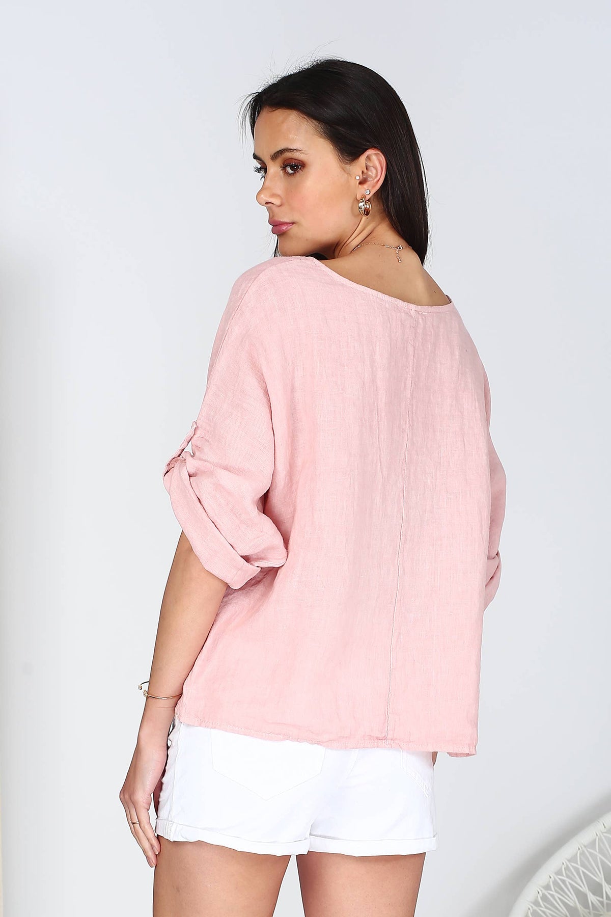 Italian Linen Basic Top Crop Sleeve w Button