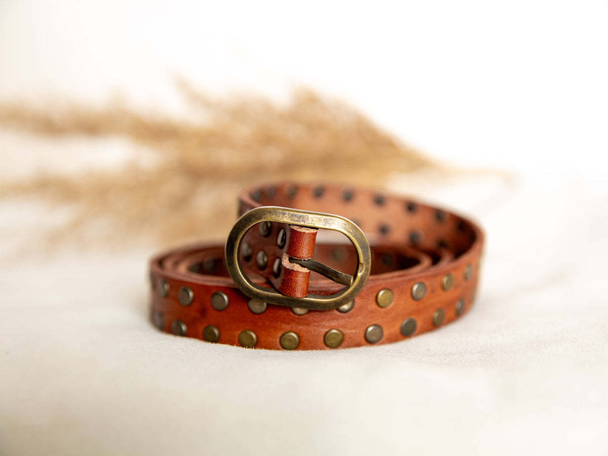 Narrow Leather Belt With Studs - Light Brown